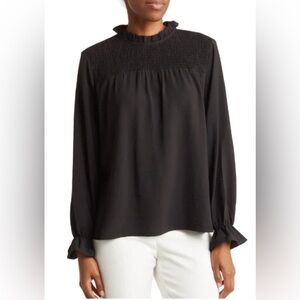 Banana Republic Women's Black Smocked Yoke Long-Sleeve Top with ruffle sleeves